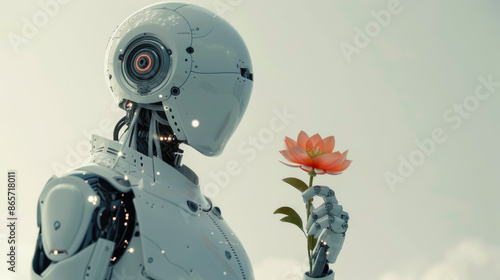 Portrait of humanoid robot holding red flower, smart white mechanical android on nature background. Theme of hand, technology, love, art, design, feelings, future