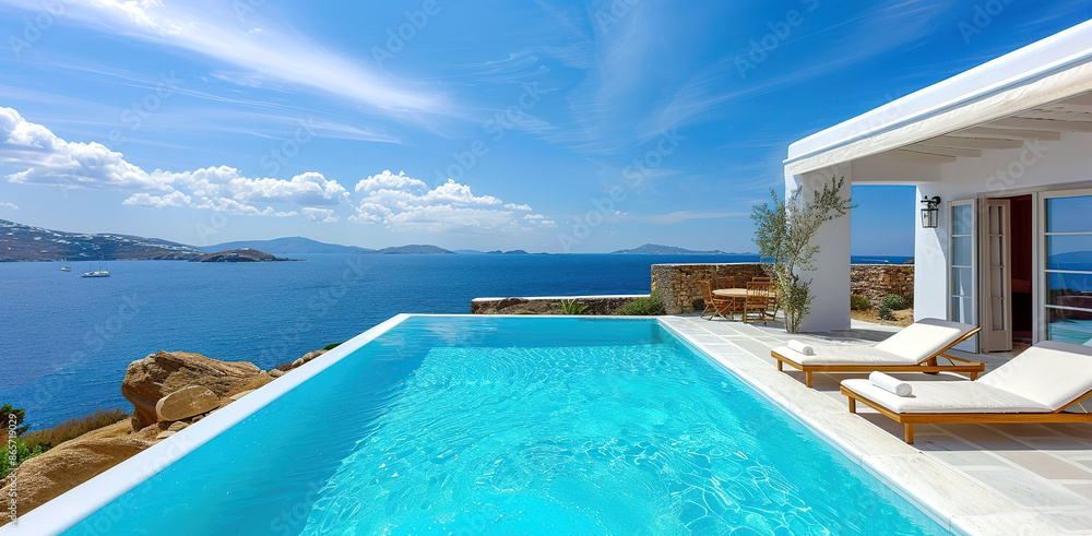 Fototapeta premium Terrace in villa with sunbeds and swimming pool with clear blue water with stunning sea view and sky. Summer resort hotel vacation concept.