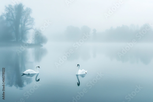 Elegant swans swimming a misty morning lake showcasing the tranquility of nature and wildlife using Canon EF 100400mm f4556L IS II USM capturing with a wide aperture to isolate subjects © Premium Graphics