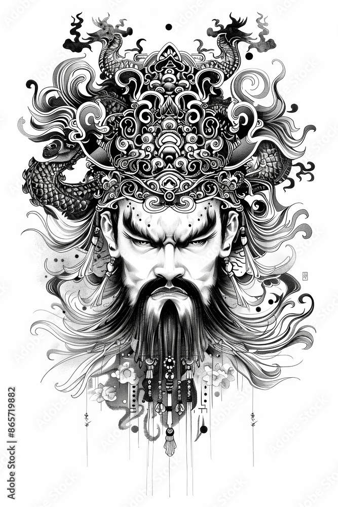 Intricate Monochrome Chinese Dragon Tattoo Design with Menacing Face and Flowing Patterns Intricate Monochrome Chinese Dragon Tattoo Design with Menacing Face and Flowing Patterns