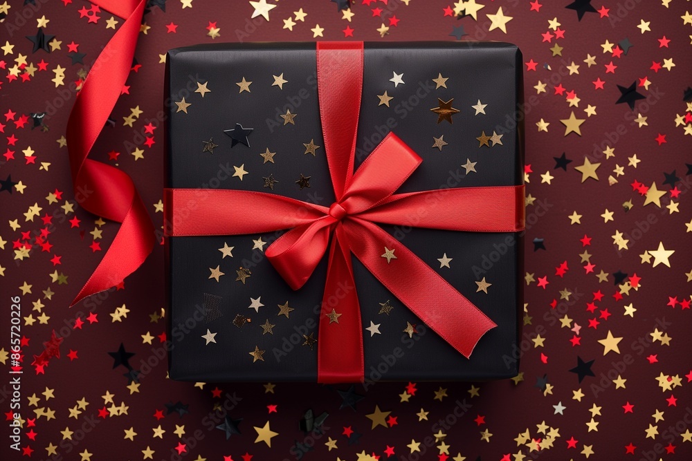Festive Black Friday surprise! Top view black gift box, adorned with vibrant red ribbon, surrounded by golden star-shaped confetti, set against rich marsala backdrop. Ideal for your Black Friday deals Festive Black Friday surprise! Top view black gift box, adorned with vibrant red ribbon, surrounded by golden star-shaped confetti, set against rich marsala backdrop. Ideal for your Black Friday deals