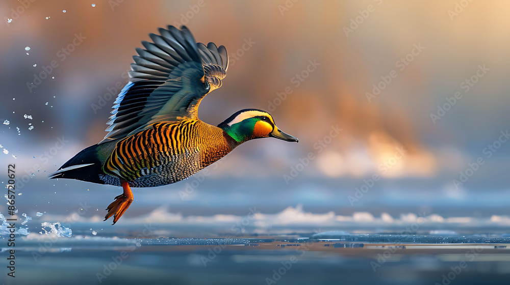 Obraz premium Gliding gracefully over frozen water of Lake Baikal vibrant color of Baikal Teal catch winter sunlight iridescent green bronze plumage rare bird add burst of color wintry landscape captured vivid