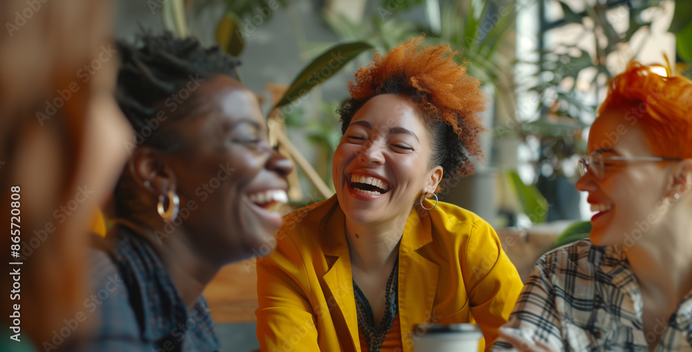 a detailed image of an inclusive office environment where colleagues from different backgrounds share a laugh, Diverse and Inclusive Work, Multiracial Group, Community, Office, Con a detailed image of an inclusive office environment where colleagues from different backgrounds share a laugh, Diverse and Inclusive Work, Multiracial Group, Community, Office, Con