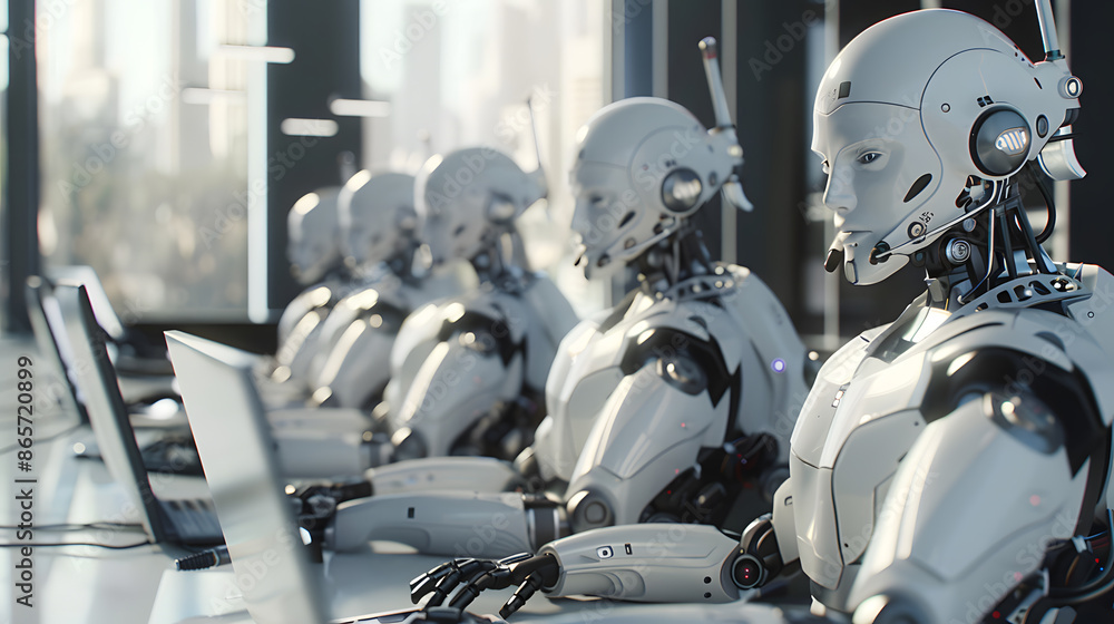 Fototapeta premium Humanoid robots using a computer keyboard. Call center with same robot assistants.