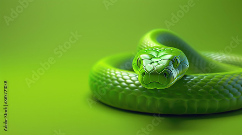 A green snake with a striking pattern of scales slithers across a vibrant green background. photo