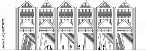Sketch illustration silhouette vector drawing detailed architectural engineering design of modern auditorium building 