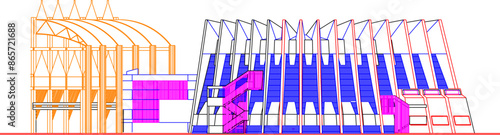 Sketch illustration silhouette vector drawing detailed architectural engineering design of modern auditorium building