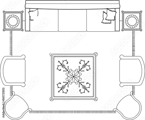 Vector silhouette illustration sketch of detailed design of sofa and chair furniture for living room interior 
