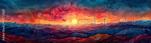 transition from dawn to dusk in a panoramic view of a sustainable energy landscape, showcasing wind turbines and solar panels Render in vibrant watercolor to emphasize the eco-friendly asp photo