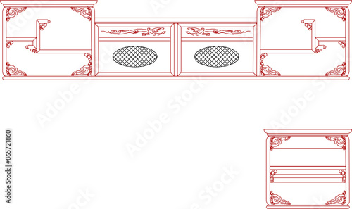 Sketsa ilustrasi siluet vektor detail desain furnitur lemari tua klasik etnik tradisional photo