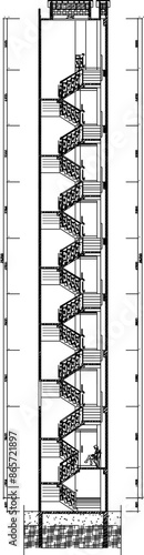 Vector silhouette illustration sketch, detailed architectural engineering design section of a multi-storey building, hotel, apartment 
