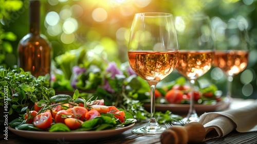 An inviting outdoor dining setup featuring glasses of rosé wine bathed in warm sunlight. In the foreground, there's a plate of fresh salad with sliced tomatoes and herbs. © asayenka