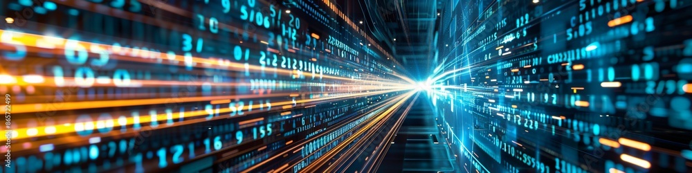 Abstract high speed tech banner, highway path through digital binary towers in city. Concept of big data, machine learning, artificial intelligence, hyper loop, virtual reality, high speed network. Abstract high speed tech banner, highway path through digital binary towers in city. Concept of big data, machine learning, artificial intelligence, hyper loop, virtual reality, high speed network.
