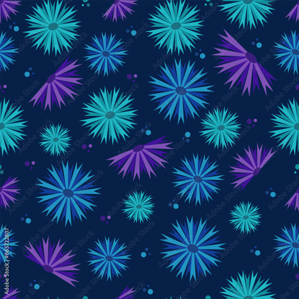 Simple vector floral pattern of blue and purple cornflowers on dark blue background. Seamless pattern. Simple vector floral pattern of blue and purple cornflowers on dark blue background. Seamless pattern.