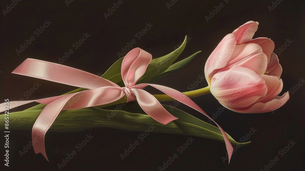 Pink tulip adorned with a pretty ribbon Pink tulip adorned with a pretty ribbon