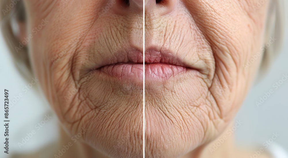 Obraz premium Transformation of skin texture, hydration, and appearance following biorevitalization: A striking difference before and after. 