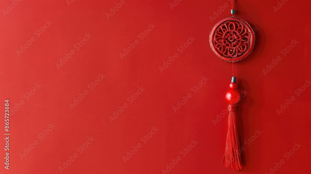Chinese New Year decoration on red background with space for design flat lay minimal style with the symbol for fortune Chinese New Year decoration on red background with space for design flat lay minimal style with the symbol for fortune