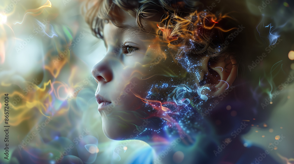 A young boy's face, half in shadow and surrounded by swirling light particles, exuding an aura of mystery and wonder. A young boy's face, half in shadow and surrounded by swirling light particles, exuding an aura of mystery and wonder.