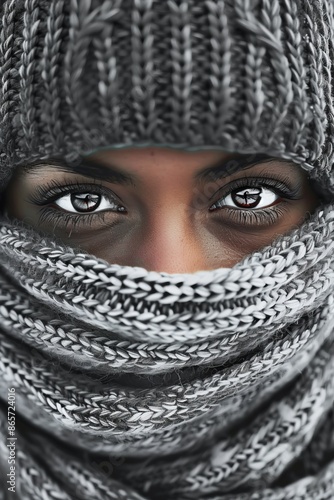 Winter Fashion Portrait: Close,Up of Eyes in Knitted Sweater and Hat for Seasonal Design © Friedbert