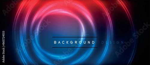 Neon glowing circle rays, light round lines in the dark, planet style neon wave lines. Energetic electric concept design for wallpaper, banner, background