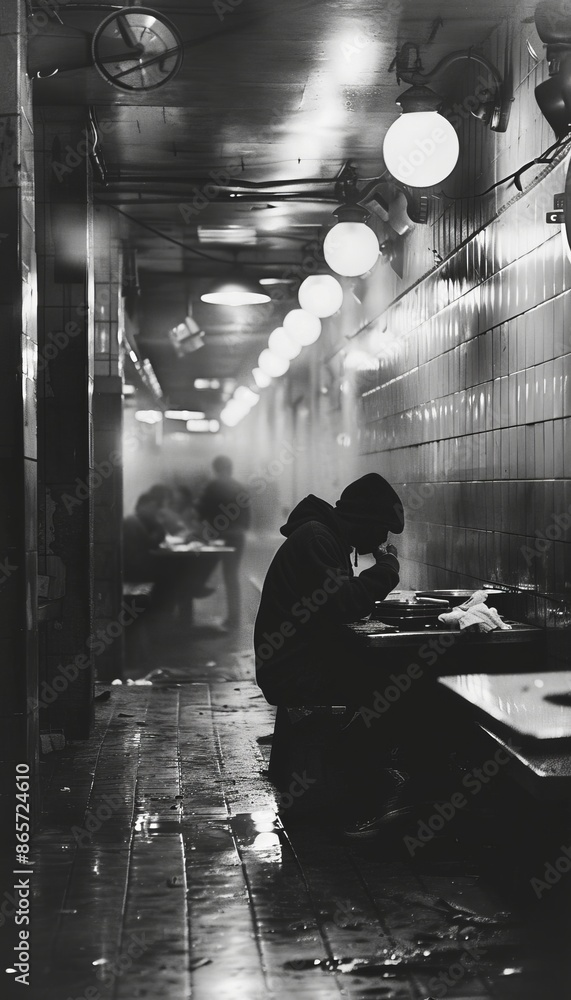 Black homeless man in shelter dining hall surrounded by diverse group of individuals Black homeless man in shelter dining hall surrounded by diverse group of individuals