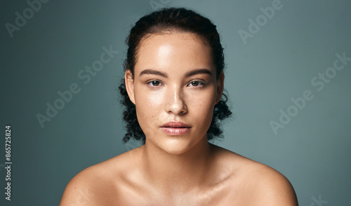 Slika na platnu Woman, beauty and portrait with facial, acne treatment and skincare with pimple and cosmetics