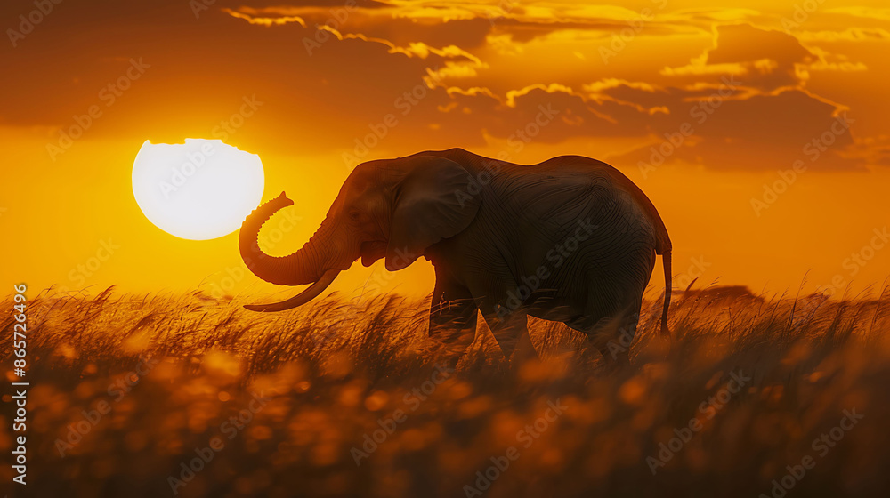 Naklejka premium Majestic African elephant trunk raised against backdrop of setting sun capturing grandeur of nature wildlife