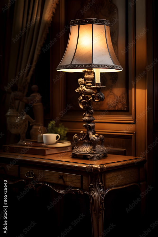 An Artfully Curated Accent Light Display Enhancing the Antique Wooden Piece in a Dimly Lit Room An Artfully Curated Accent Light Display Enhancing the Antique Wooden Piece in a Dimly Lit Room