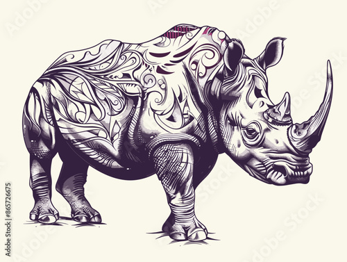 A rhino with a purple and white design on its body