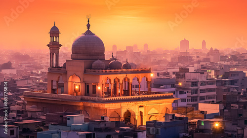 A beautiful sunset over a city with a large red building in the background.