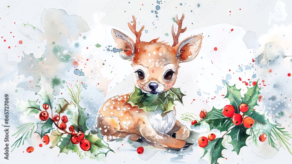 Naklejka premium Watercolor art of a baby deer with holly leaves and berries on a winter background. Concept of Christmas, holiday season, wildlife, festive art