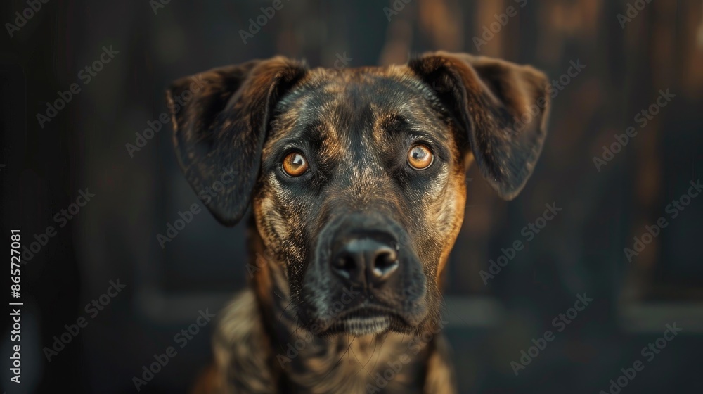 Mountain Cur dog with brindle coat gazing at camera Mountain Cur dog with brindle coat gazing at camera