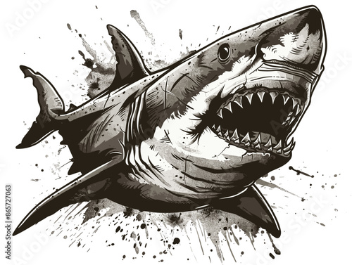 A shark is shown with its mouth open, ready to bite. The image has a dark and moody feel, with the shark's teeth and the splatter of paint on the background