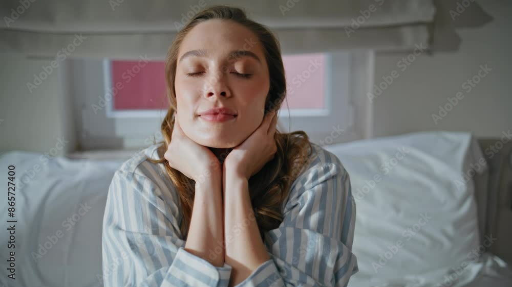 Serene woman resting bedroom sitting in pajama closeup. Lady enjoy morning Serene woman resting bedroom sitting in pajama closeup. Lady enjoy morning