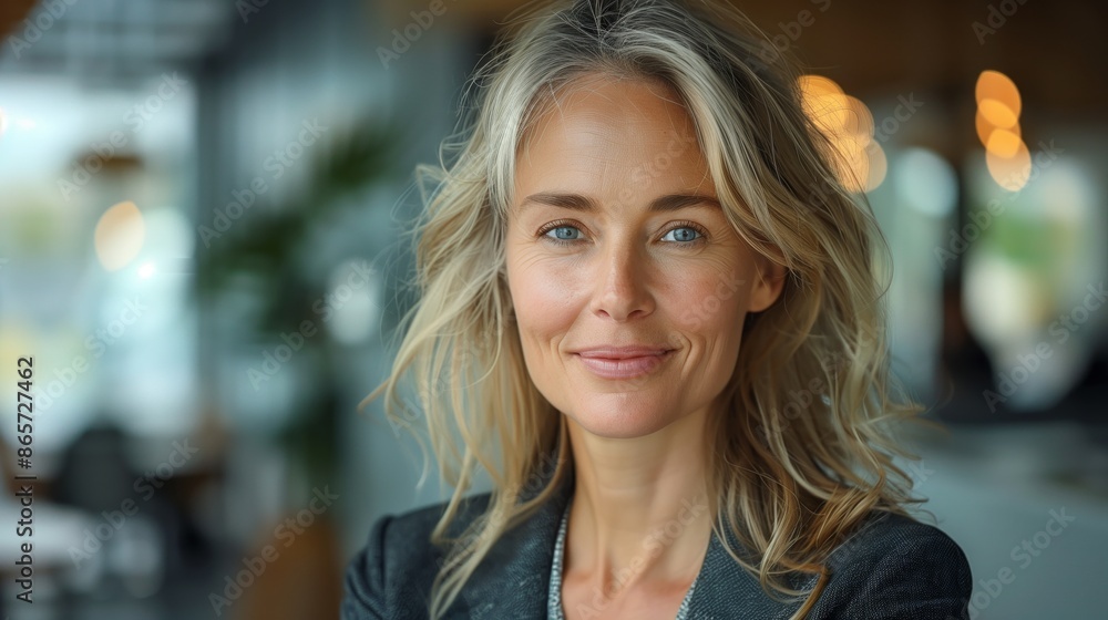 A businesswoman is depicted from the chest up, wearing a dark suit with her blonde hair styled loosely A businesswoman is depicted from the chest up, wearing a dark suit with her blonde hair styled loosely