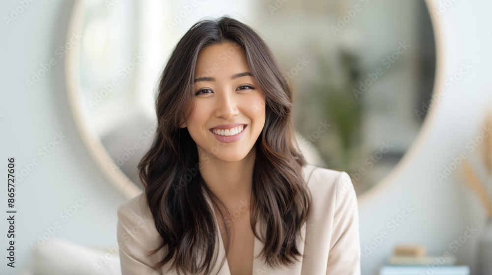 Young asian woman smiling in a light beige blazer.