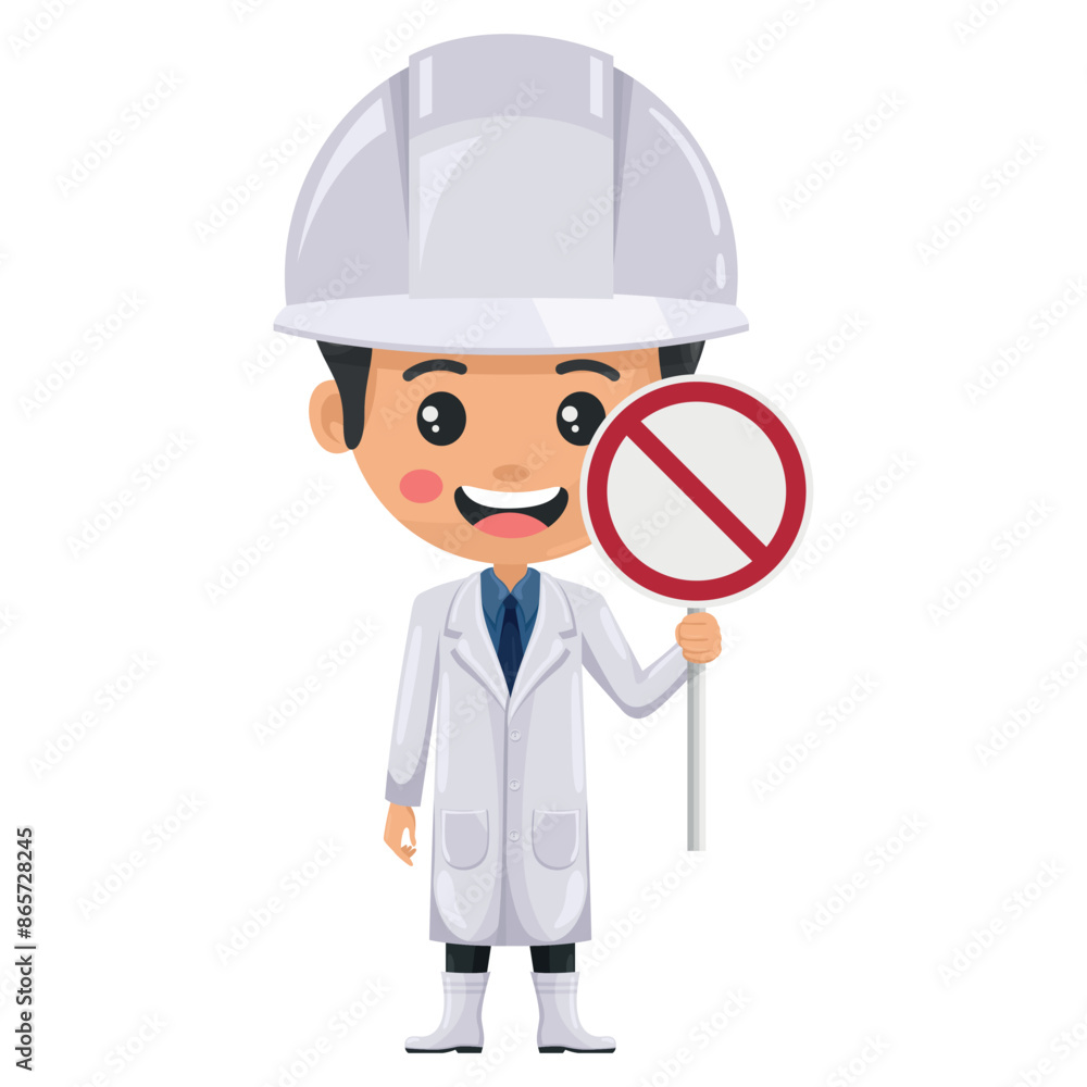 Quality control supervisor in food production line holding a forbidden sign. Food industry engineer. Chief food safety engineer. Science, technology and safety in food production and processing Quality control supervisor in food production line holding a forbidden sign. Food industry engineer. Chief food safety engineer. Science, technology and safety in food production and processing