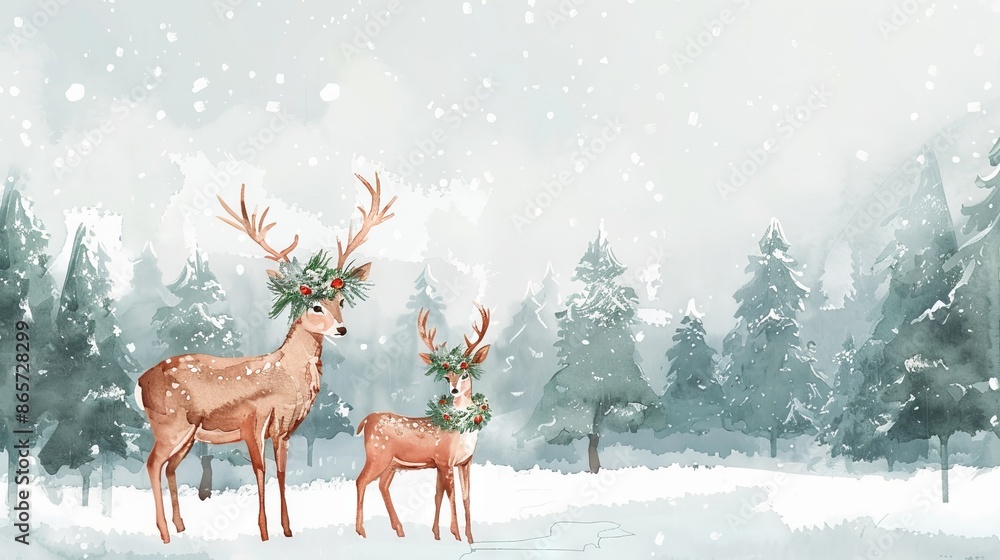 White-tailed deers with antler wreaths in a snowy forest. Concept of winter wildlife, holiday season, forest animals White-tailed deers with antler wreaths in a snowy forest. Concept of winter wildlife, holiday season, forest animals