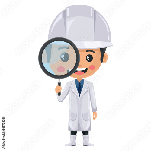 Quality control supervisor looking through a magnifying glass. Concept of food study and research. Food industry engineer. Chief food safety. Science, technology and safety in food production