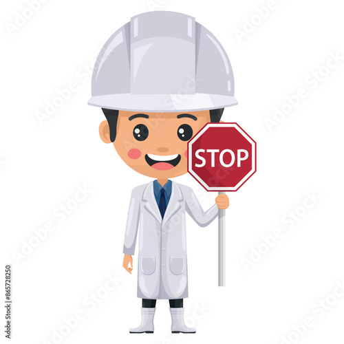 Quality control supervisor in food production line holding a stop sign. Agro-industrial engineer or food industry. Chief food safety engineer. Science, technology and safety in food production