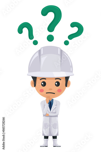 Quality control supervisor expressing doubt, uncertainty with a question mark. Question mark for FAQ concept. Food industry engineer. Chief food safety.Technology and safety in food production