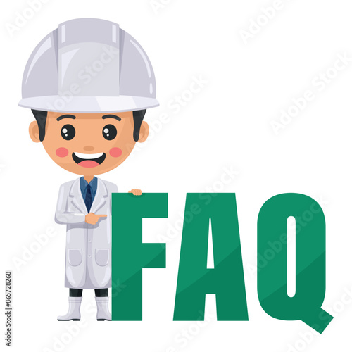 Quality control supervisor production line with giant FAQ letters, Frequently asked questions concept. Food industry engineer. Chief food safety engineer. Safety in food production and processing