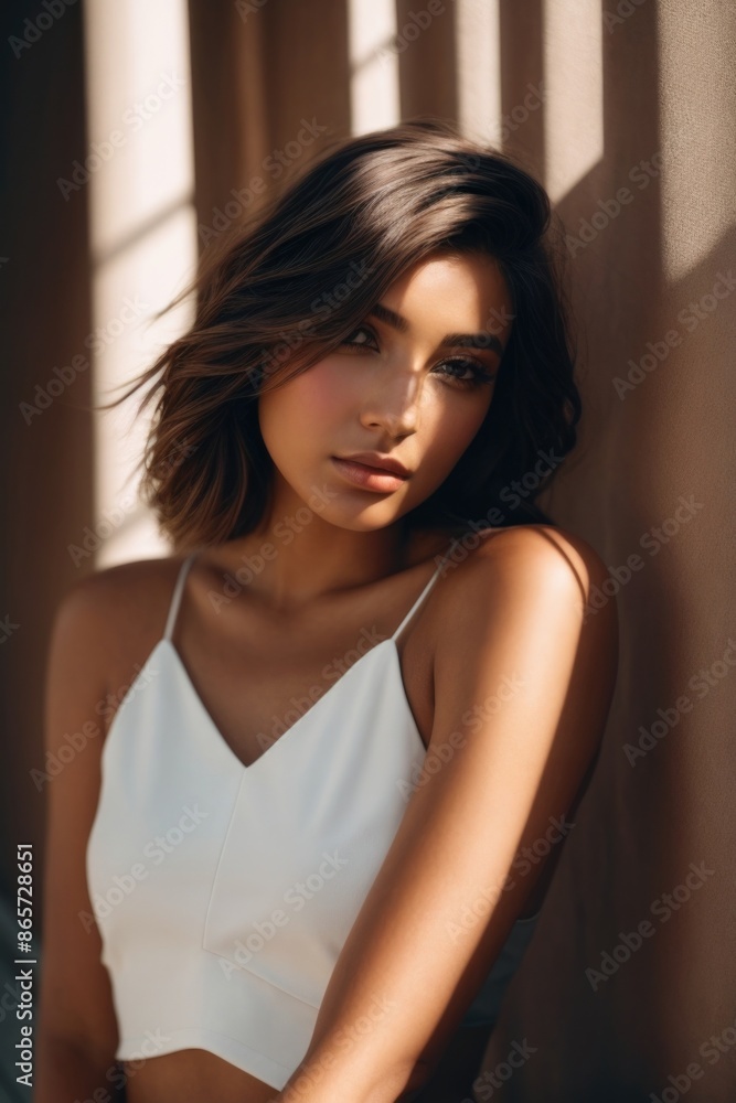 Fashionable beautiful young woman with high contrast shadow Fashionable beautiful young woman with high contrast shadow