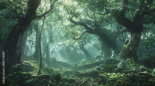 Mystical forest scene with sunlight streaming through dense foliage.
