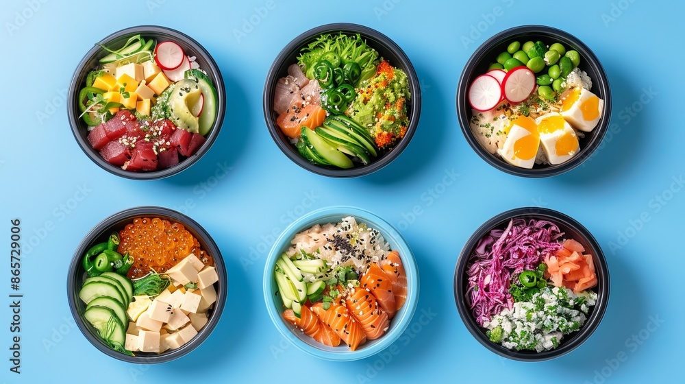 Delectable poke bowls arranged on a vibrant blue background, showcasing their enticing fresh ingredients. Delectable poke bowls arranged on a vibrant blue background, showcasing their enticing fresh ingredients.