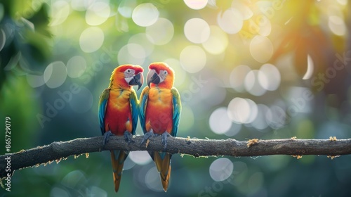 Two colorful macaws perched on a branch with tropical foliage in the background. Concept of exotic birds, wildlife, nature, tropical environment