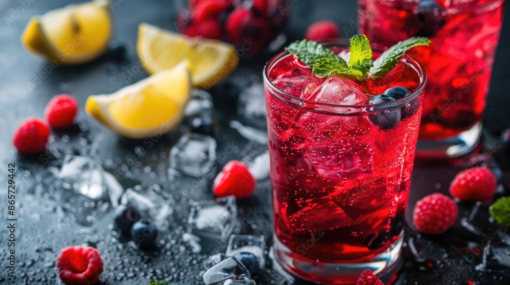 Beverages and cocktails for bar or restaurant menu Refreshing red drink with lemon ice and berries Beverages and cocktails for bar or restaurant menu Refreshing red drink with lemon ice and berries