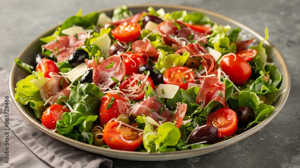 Enjoy a refreshing summer salad! This healthy Mediterranean treat is packed with crisp lettuce, juicy tomatoes, savory olives, tangy Parmesan, and salty prosciutto. Enjoy a refreshing summer salad! This healthy Mediterranean treat is packed with crisp lettuce, juicy tomatoes, savory olives, tangy Parmesan, and salty prosciutto.