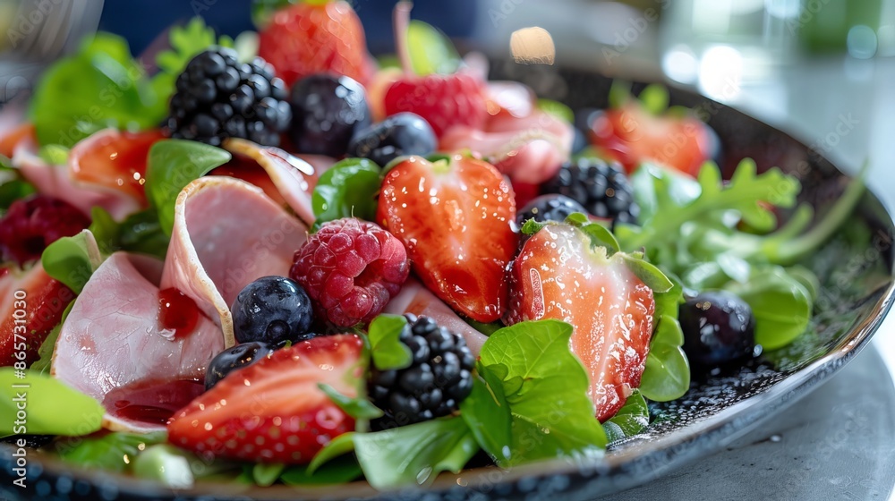 Ham and berry salad is delicious. It's a summer salad that looks great on a plate.