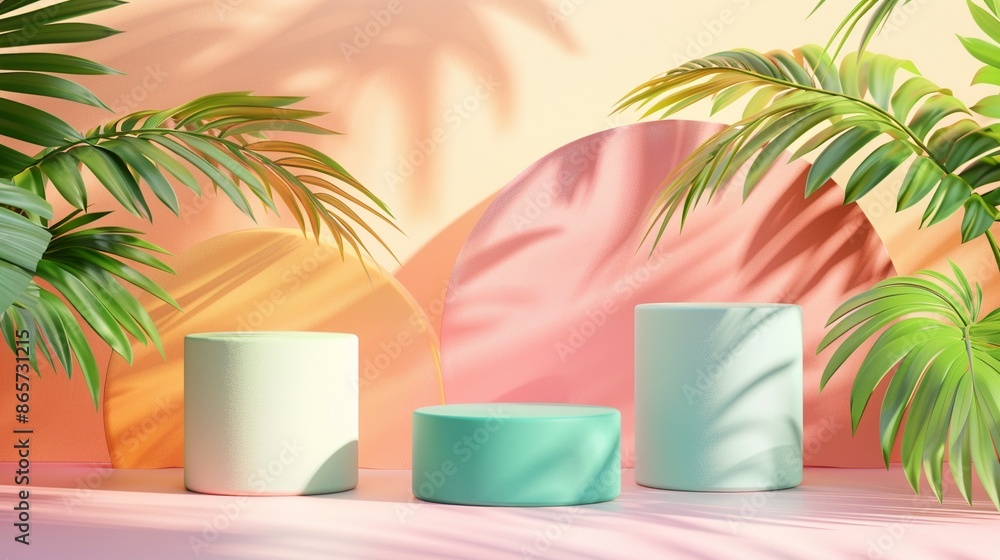 Modern candy colored display podiums on trendy pink background with summer tropical palm leaves and shadow, summer cosmetic and travel product presentation stage mock up. Modern candy colored display podiums on trendy pink background with summer tropical palm leaves and shadow, summer cosmetic and travel product presentation stage mock up.